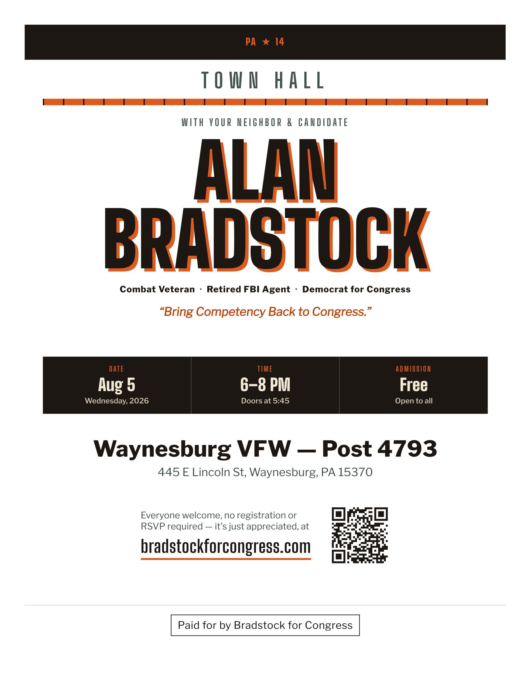 Town Hall with Alan Bradstock flyer: August 5, 6-8pm, Waynesburg VFW Post 4793, 445 E Lincoln St, Waynesburg PA 15370