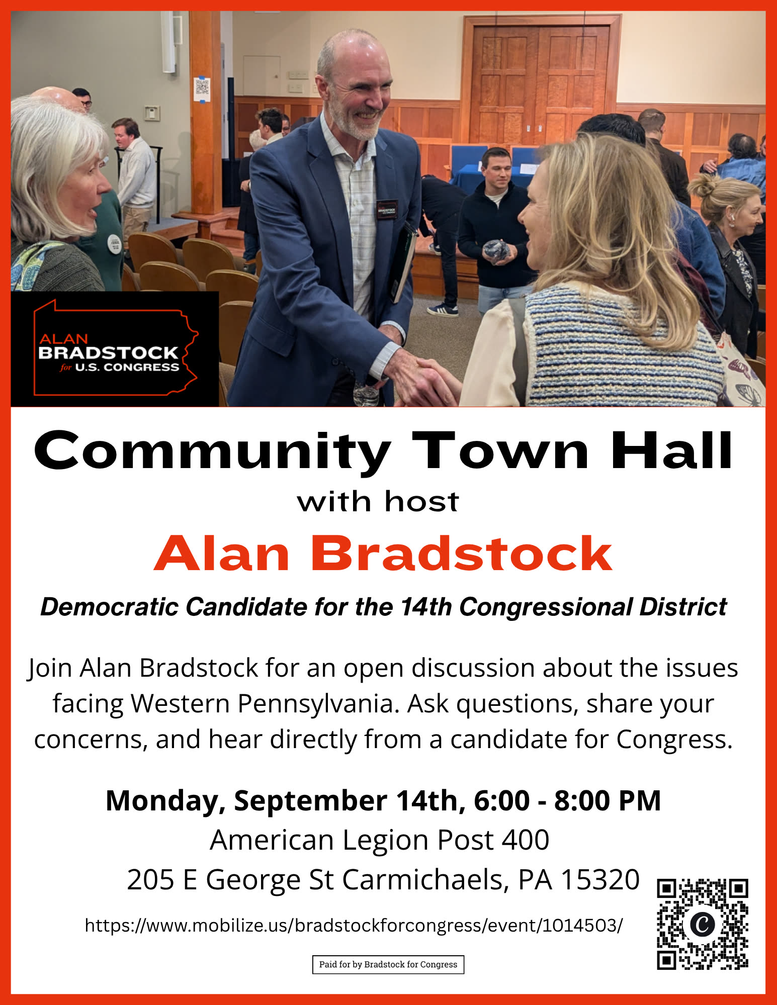 Alan Bradstock for Congress campaign flyer: Community Town Hall, Monday, September 14, 6-8pm, American Legion Post 400, 205 E George St, Carmichaels PA