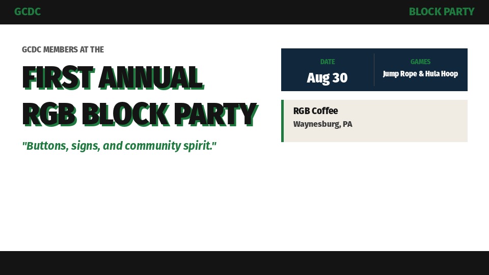 GCDC members at the First Annual RGB Block Party, August 30, RGB Coffee, Waynesburg PA - buttons, signs, and community spirit, with jump rope and hula hoop competitions